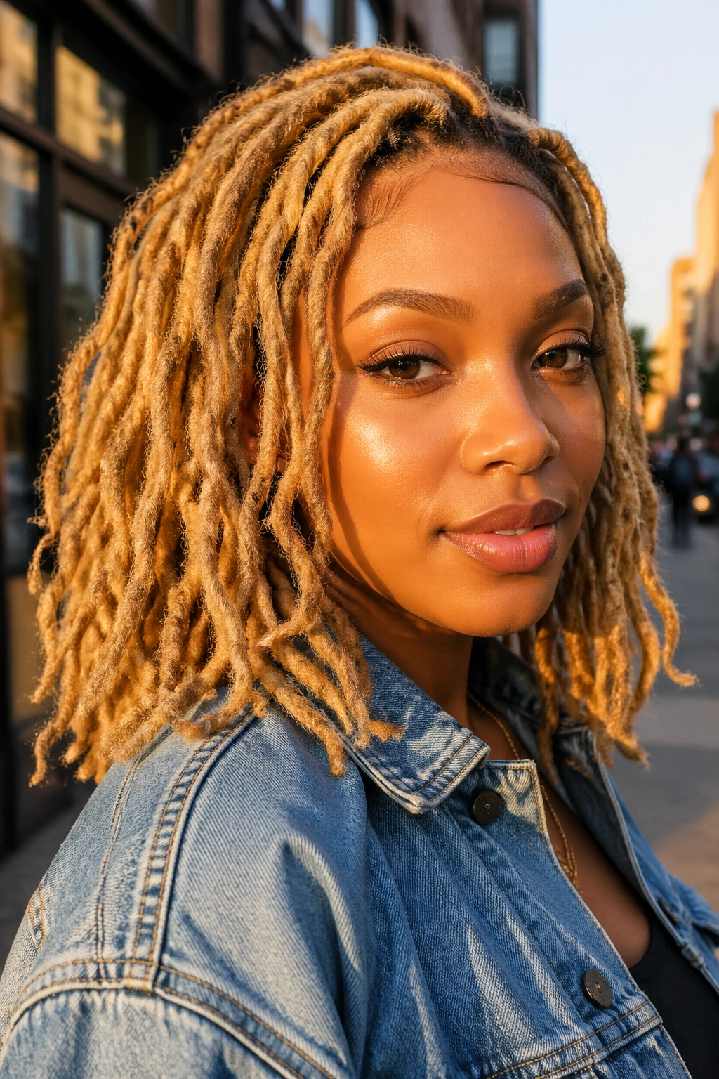 Close-up of a real woman with honey blonde locs in golden hour light