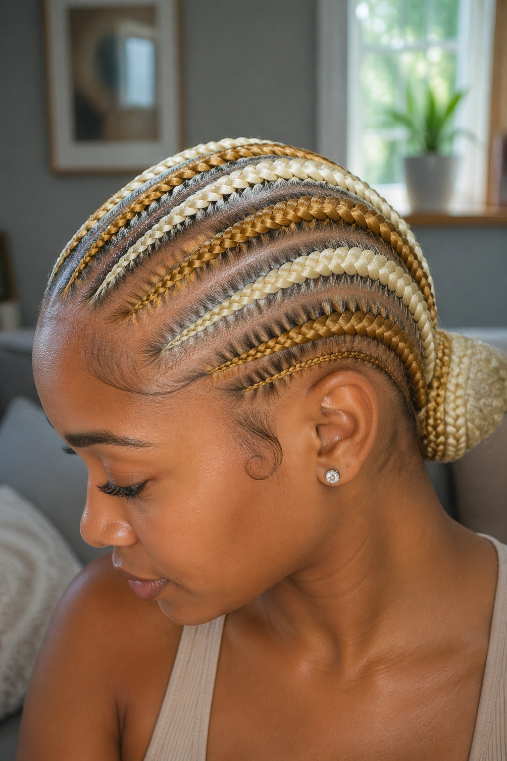 Close-up of a real woman with honey and platinum cornrows across head