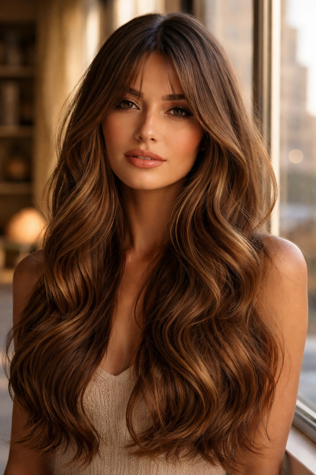 Portrait of a woman with honeyed brunette and loose mermaid waves by a window at golden hour