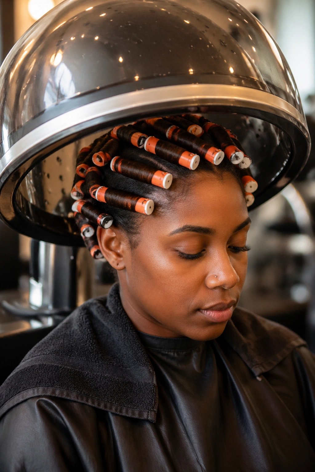 Person under hooded dryer with rod-set drying evenly
