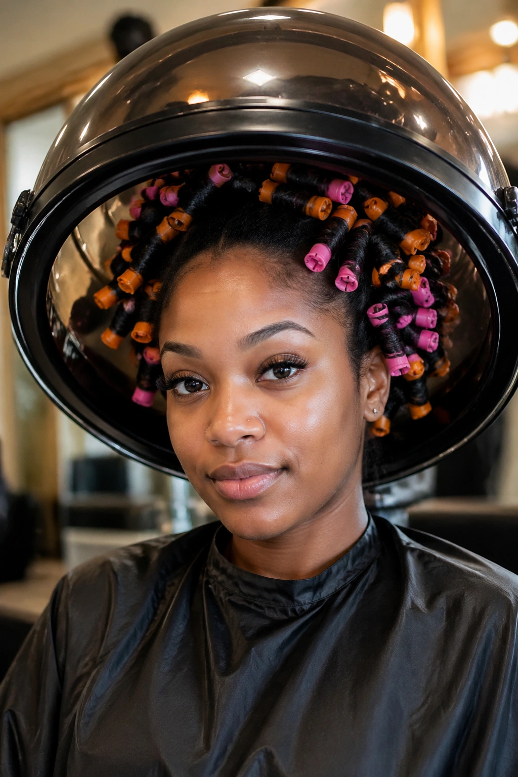 Real woman under hooded dryer with straw curls visible on the head.