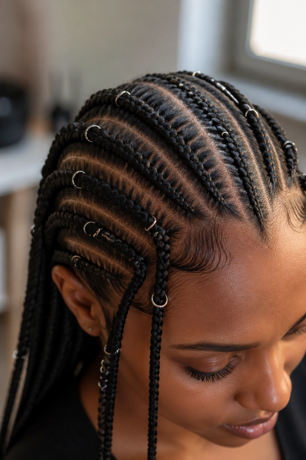 Close-up of Fulani braids with small hoops as accents