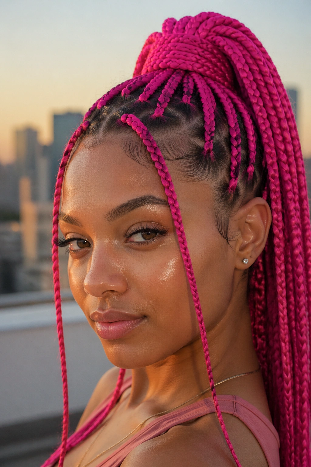 Close-up portrait of a real woman with hot pink box braids in a high ponytail.