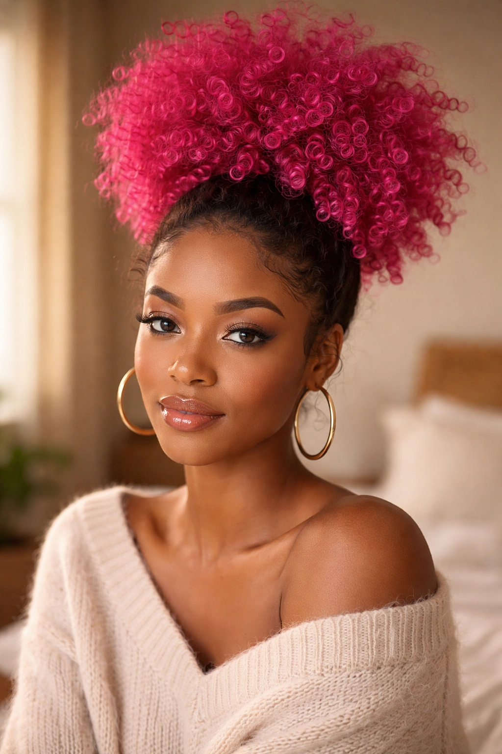Close-up of a real woman with a hot pink curly puff hairstyle in a cozy room