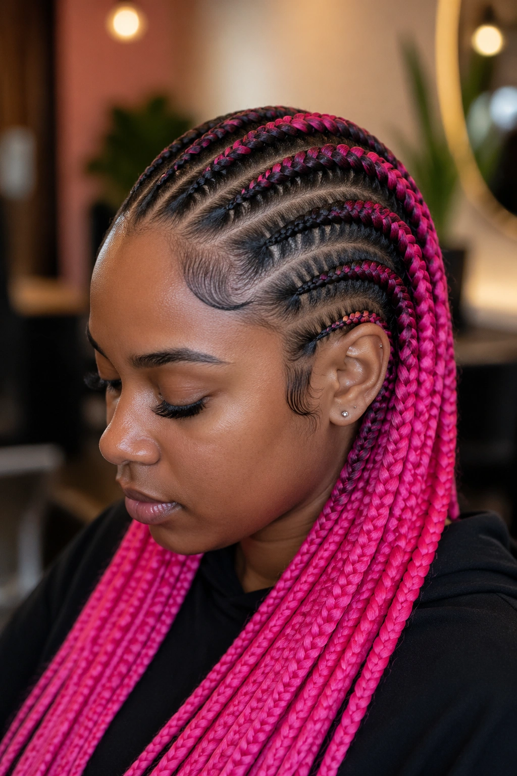 Close-up of a real woman with black roots fading into hot pink cornrows.
