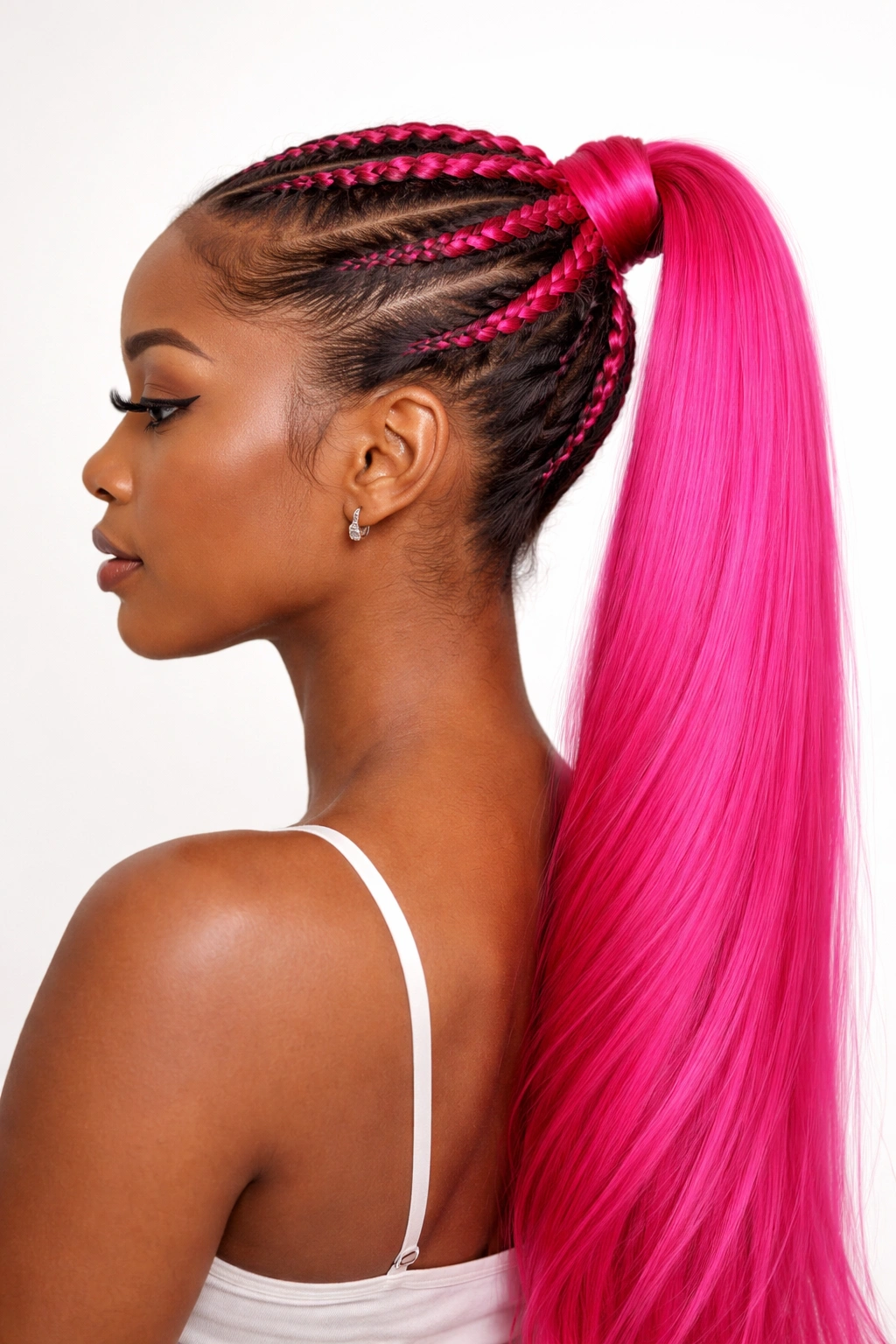 Side view of hot pink feed-in braid ponytail with progressive braids