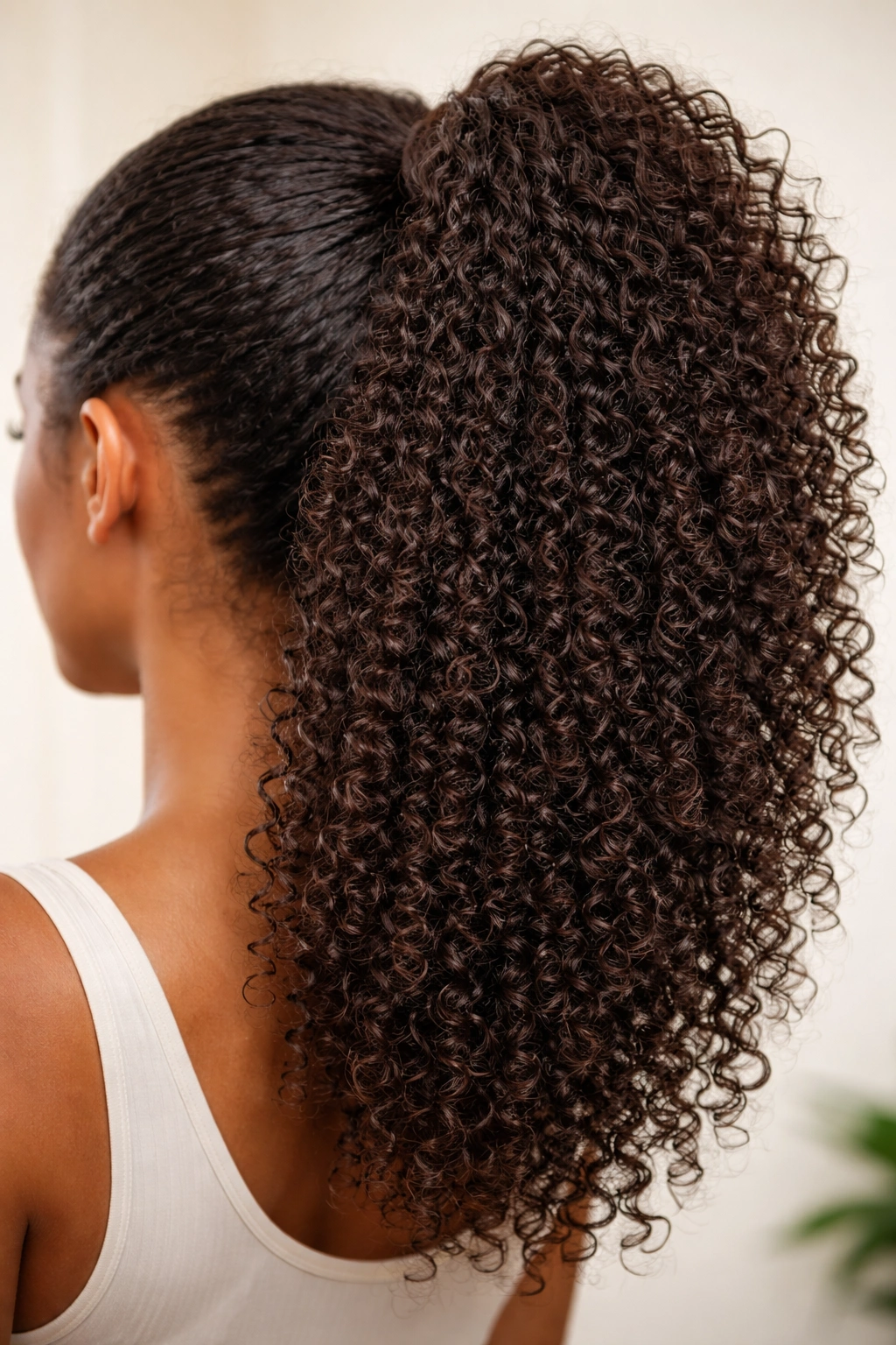 Close up of kinky-curly human hair ponytail extension showing irregular curl texture