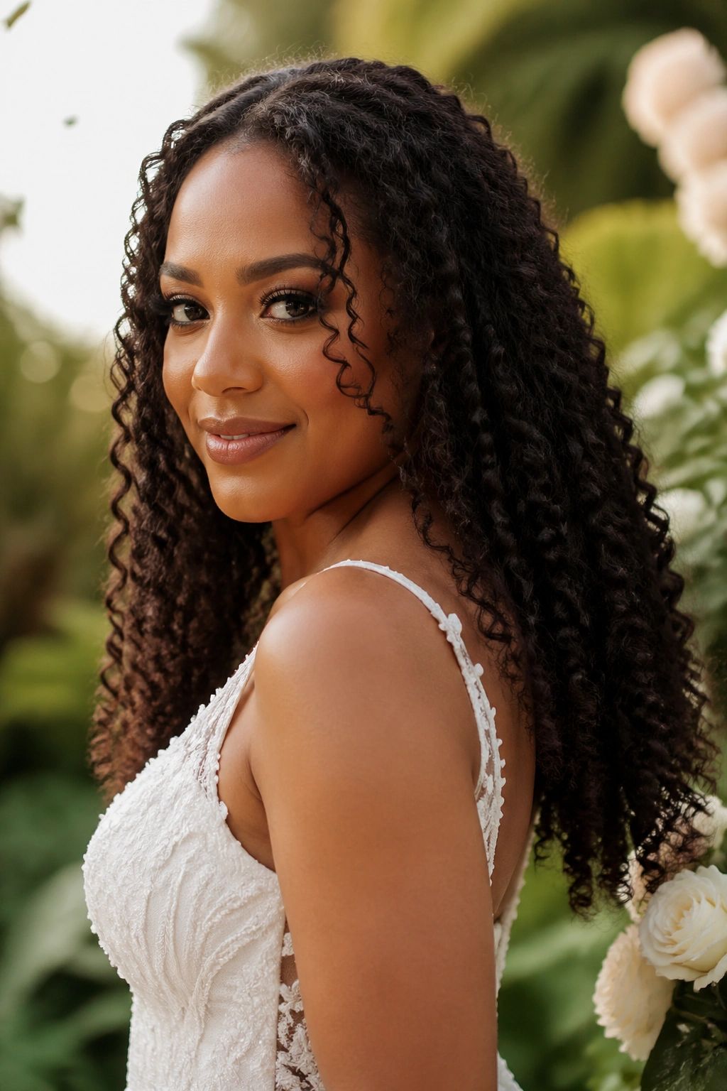 Bride with natural curls outdoors in garden with humidity-influenced breeze and defined curls
