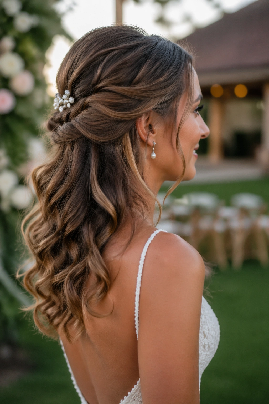 Close-up of real bride-to-be wearing a humidity-smart half-up style outdoors with gentle breeze