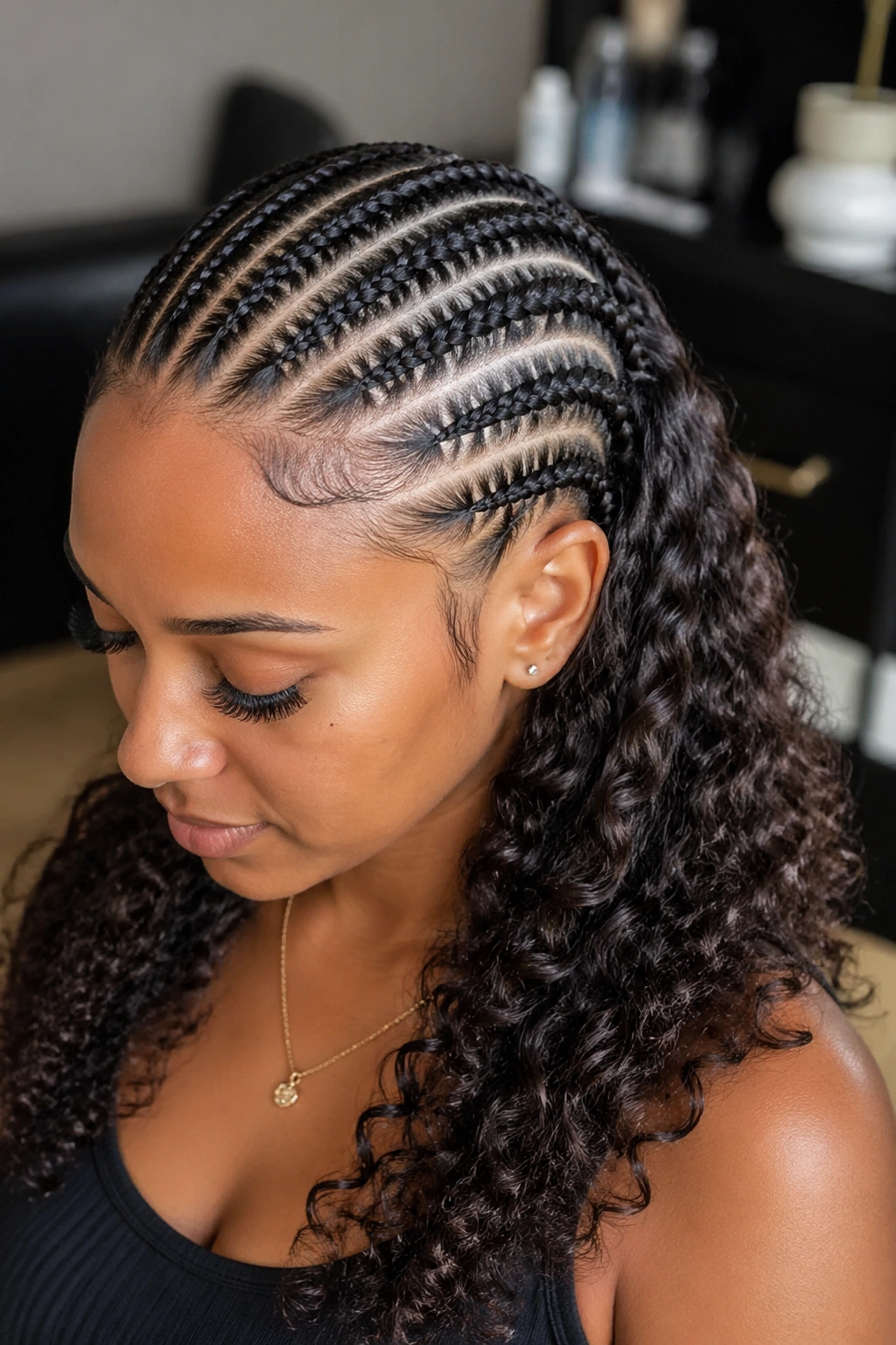 Head and shoulders portrait of hybrid cornrows with curls