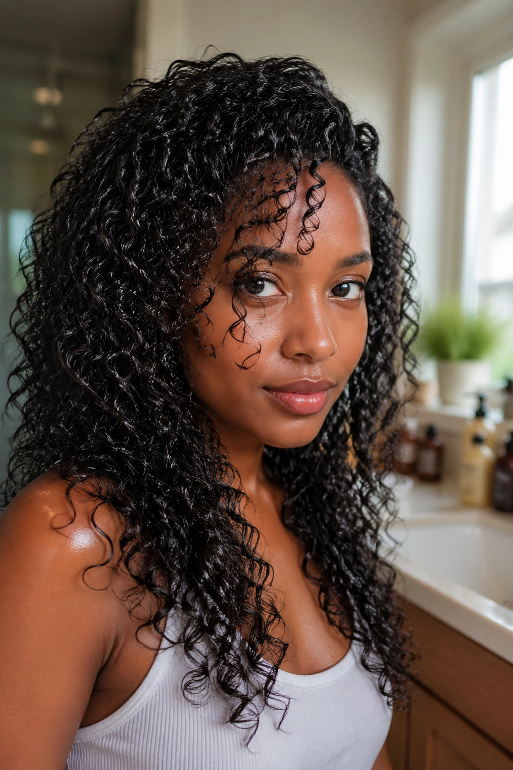 Moisturized curls showing shine on a real person