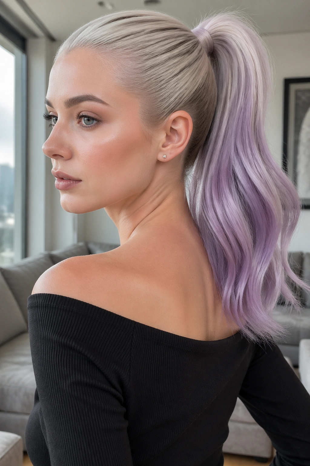 Close-up of a real person with icy blonde to lilac cloud ponytail