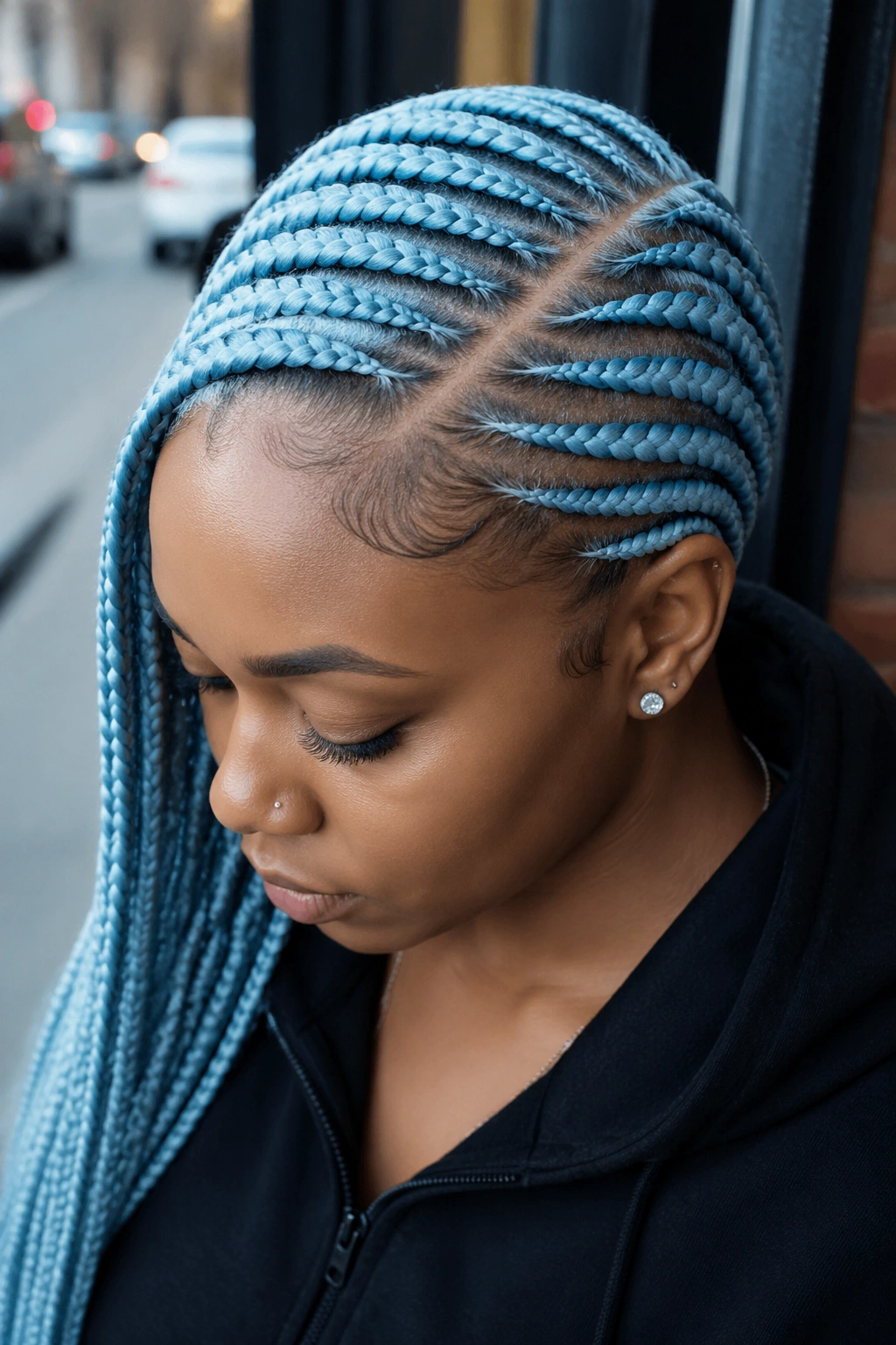 Close-up of a real person with icy blue cornrows in a deep side part from hairline to nape