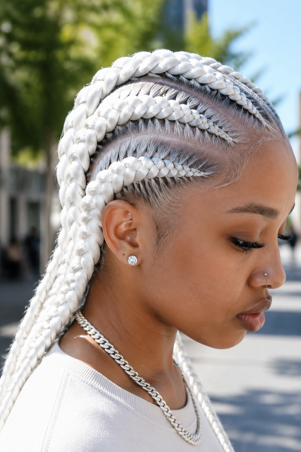 Close-up of icy white jumbo cornrows on a real person.
