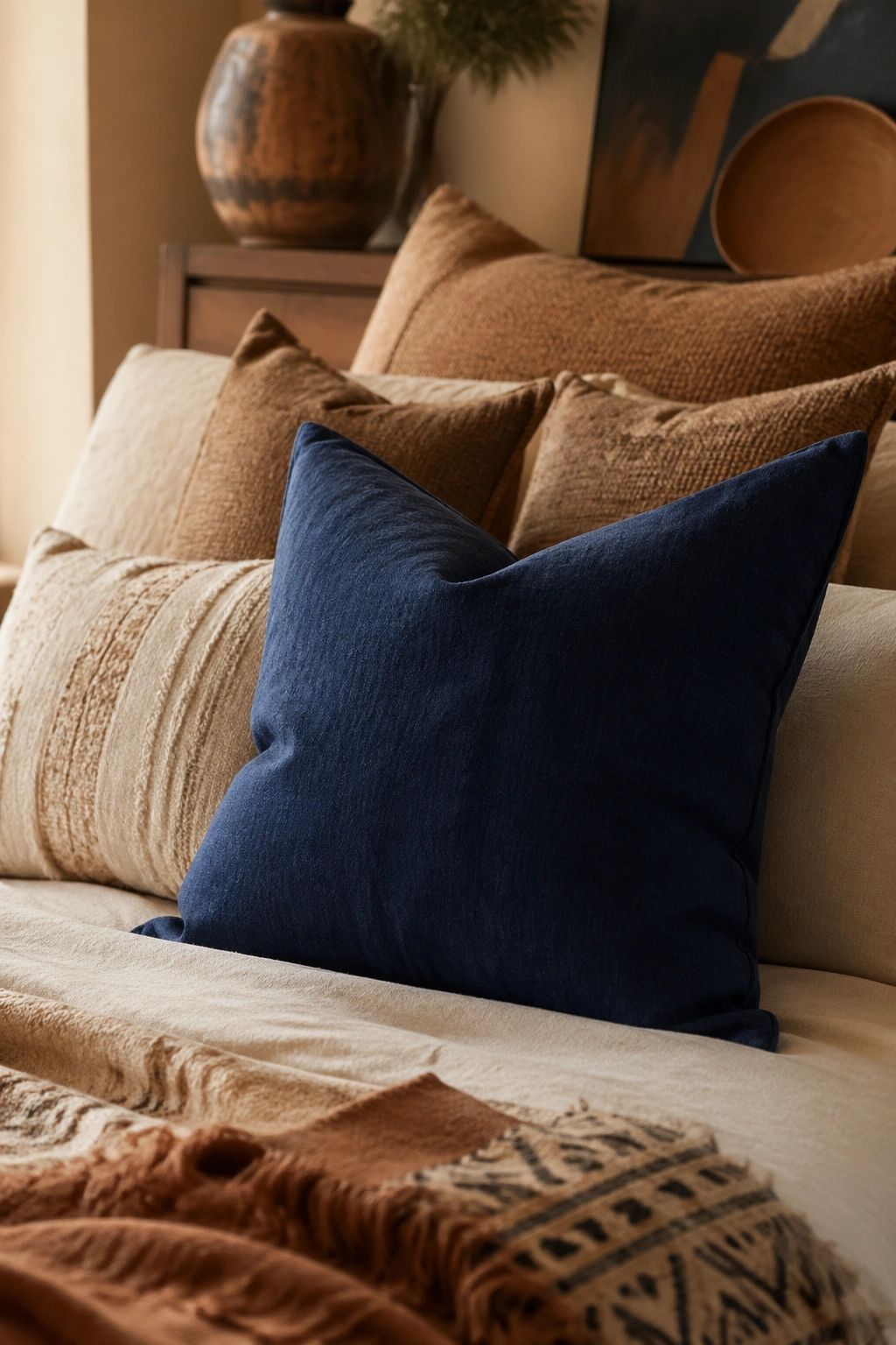Indigo blue pillow on cream bedding as a bold accent.