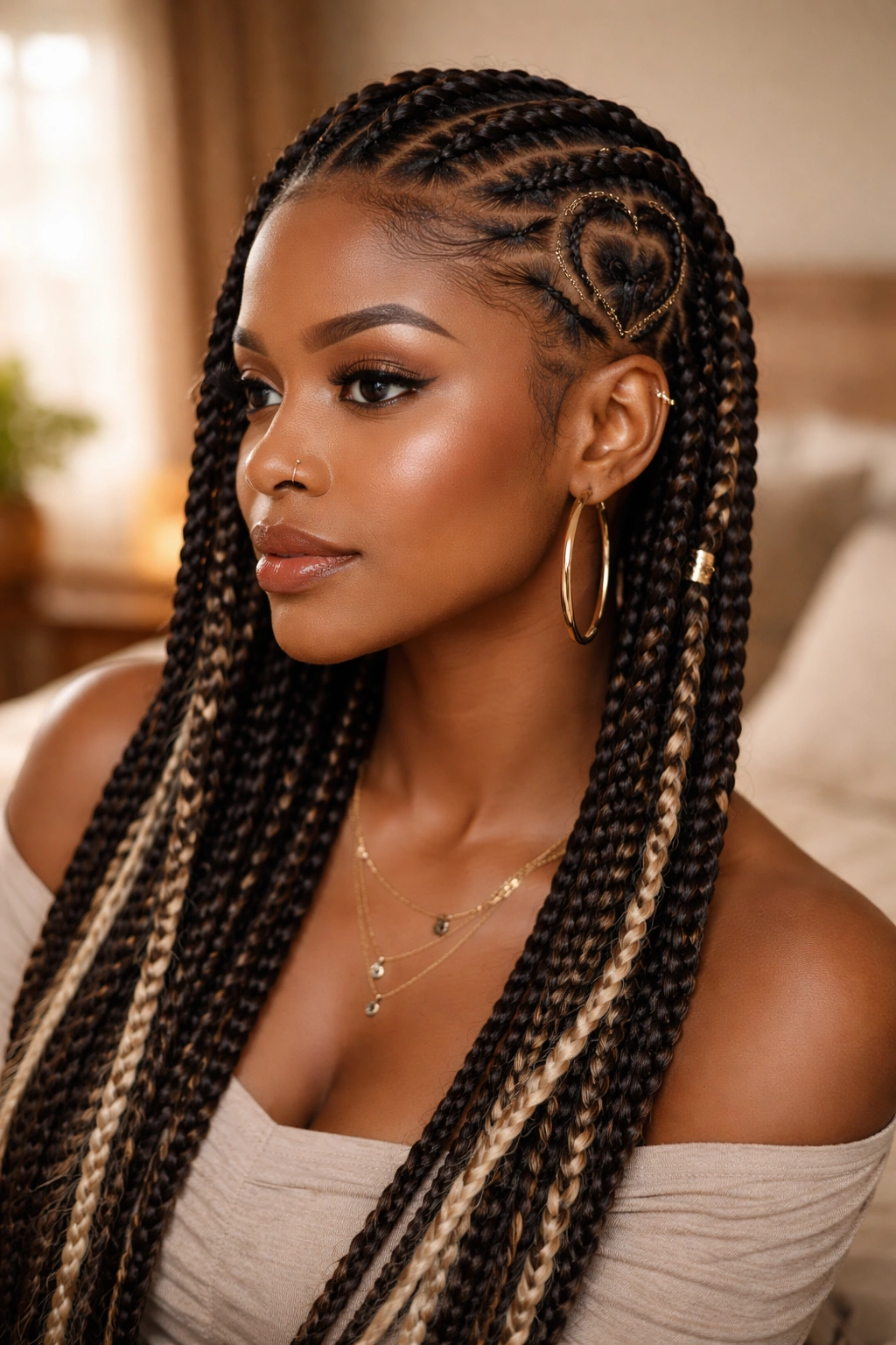 Close-up portrait of a real woman with unique cornrow pattern expressing personal style.