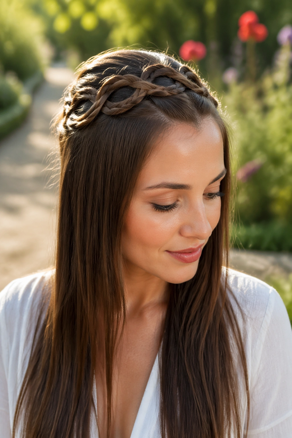 Close-up of a real woman with an infinity braid accent on the crown of straight hair