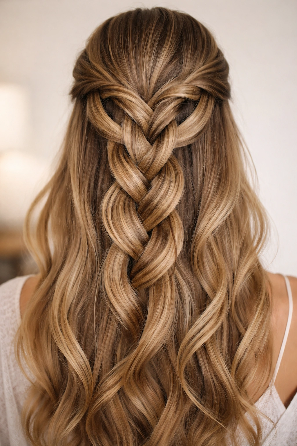 Close-up of a wide infinity (figure-eight) braid along the back of the head