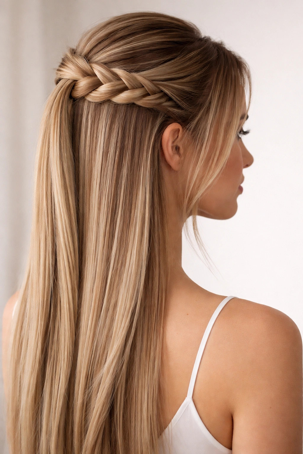 Side view of half-up hairstyle with an infinity braid integrated into the base