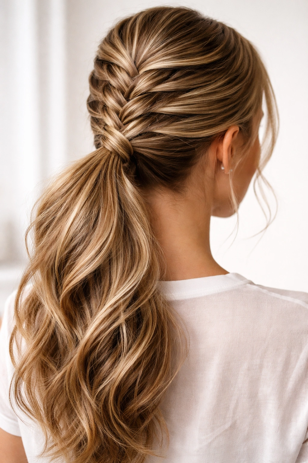 Low ponytail with an infinity braid creating thick, padded volume along the head