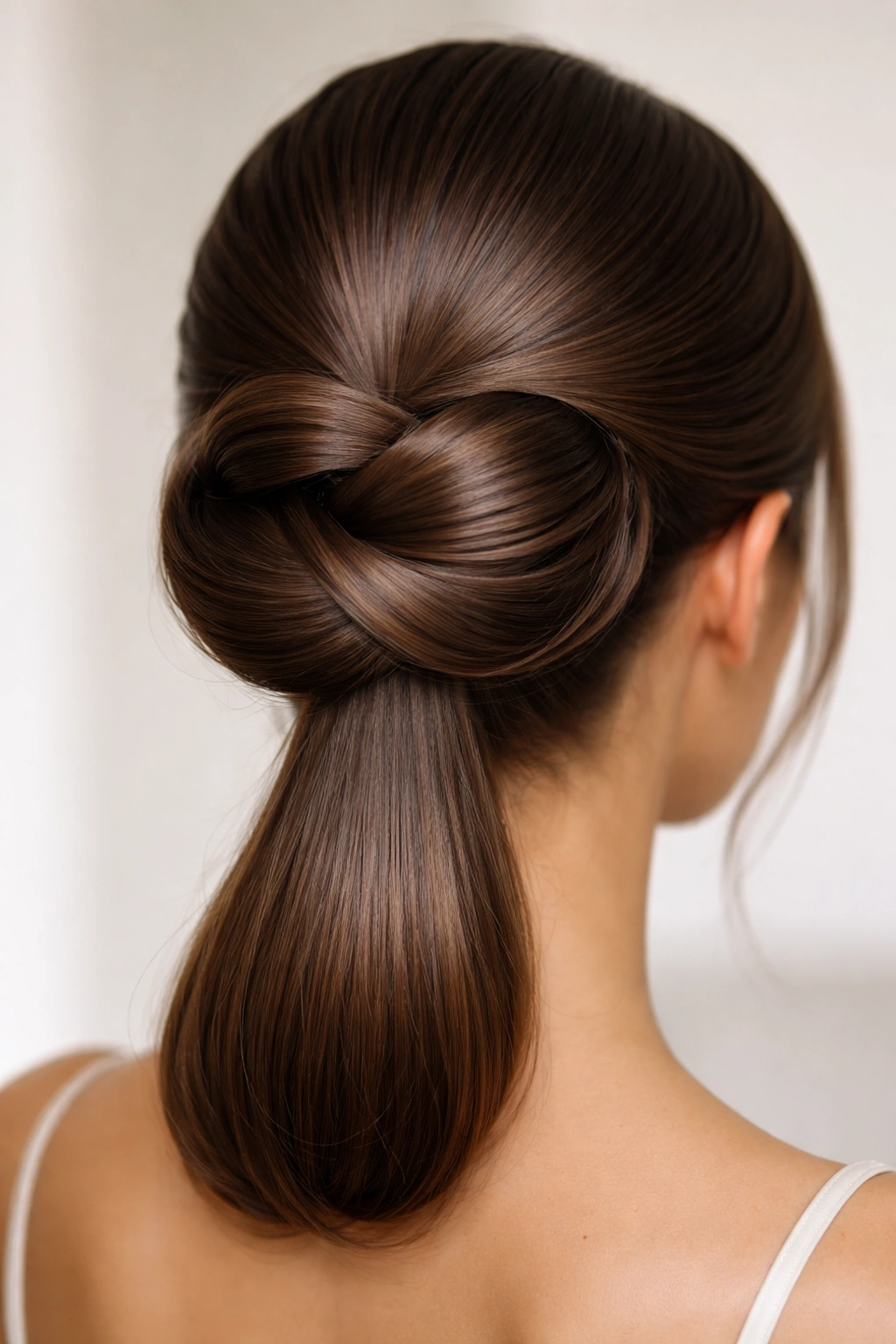 Infinity-loop sleek bun with figure-eight hair wrap