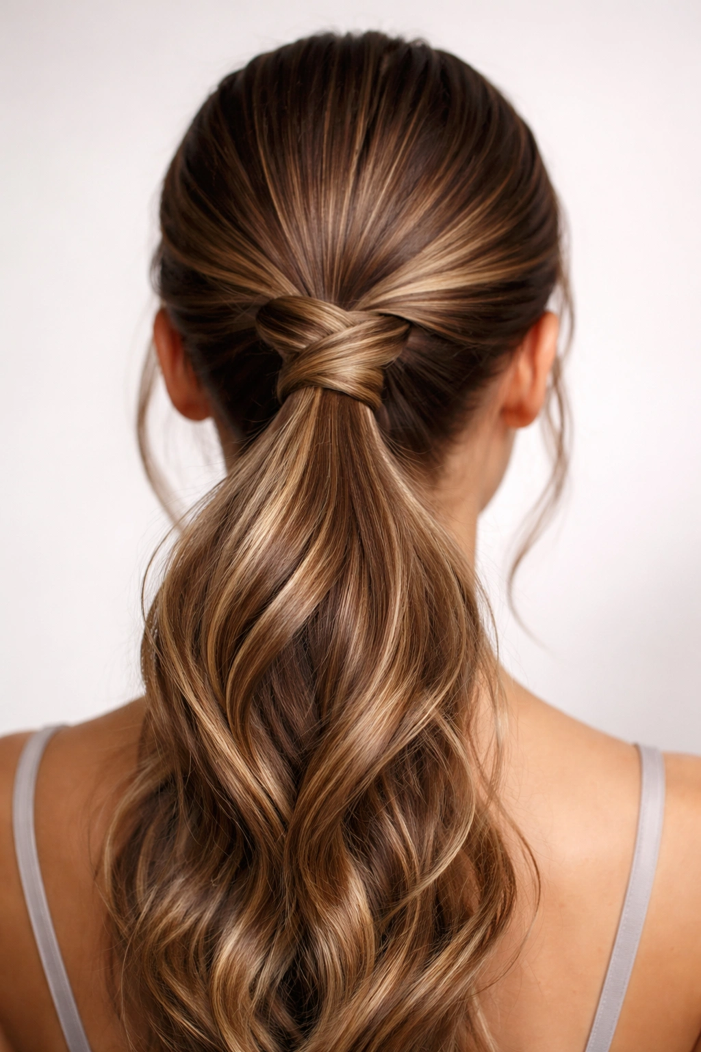 Back view of Infinity Wrap ponytail with a geometric figure-eight base.