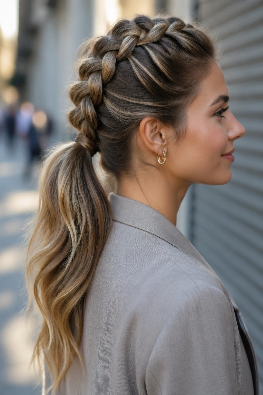 Real woman with inside-out braid leading into a ponytail, close-up.