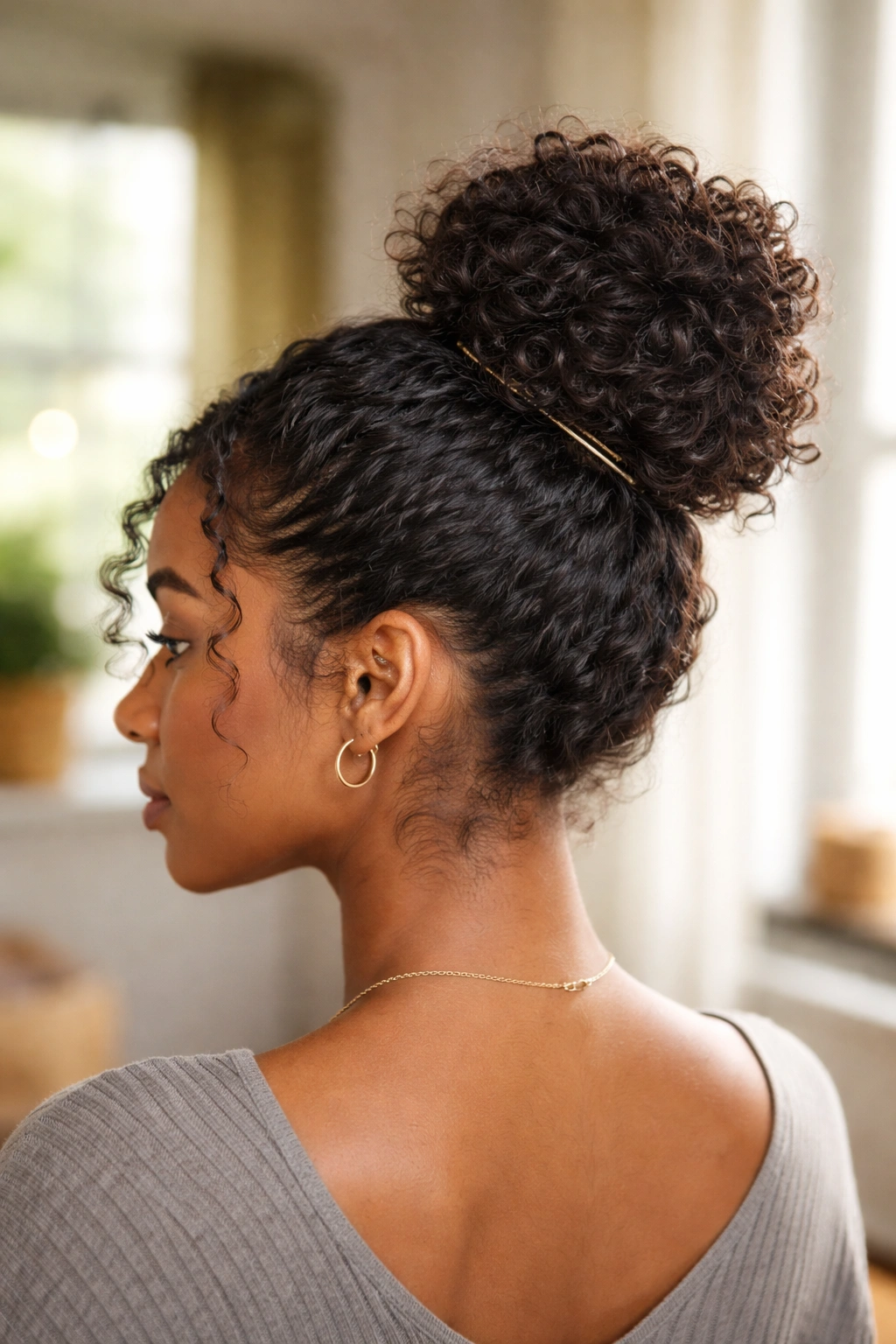 Close-up of a real woman's intentional messy bun with defined edges and a visible hair pin.