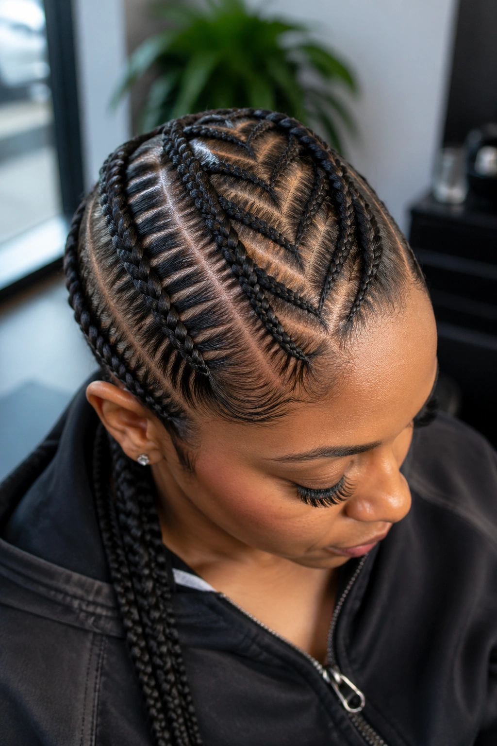 Interlocking V pattern cornrows along the scalp on a real person.