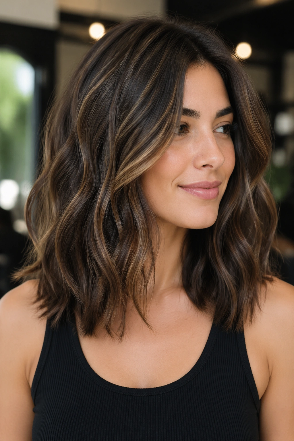 Close-up of a person with an internal-layer lob for heavy hair showing movement