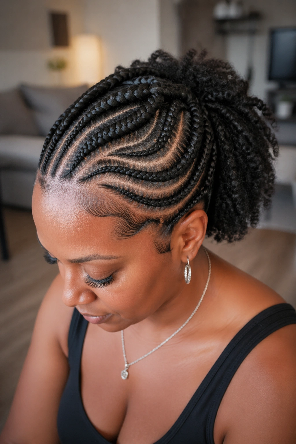 Close-up of intricate front braids with simple curls at back on a real person.