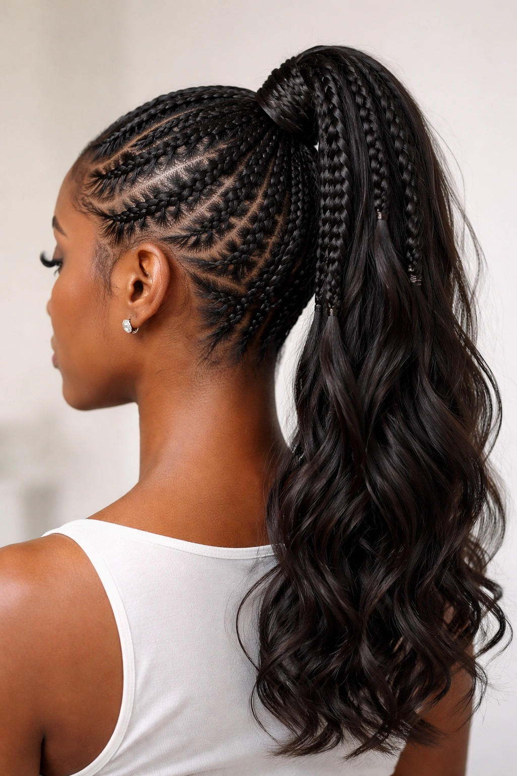 Multiple small braids converging into a central ponytail with complex pattern