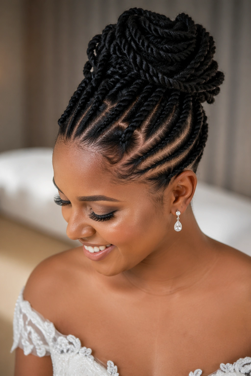 Close-up of a real bride's head with flat twists, cornrows, and crown bun.