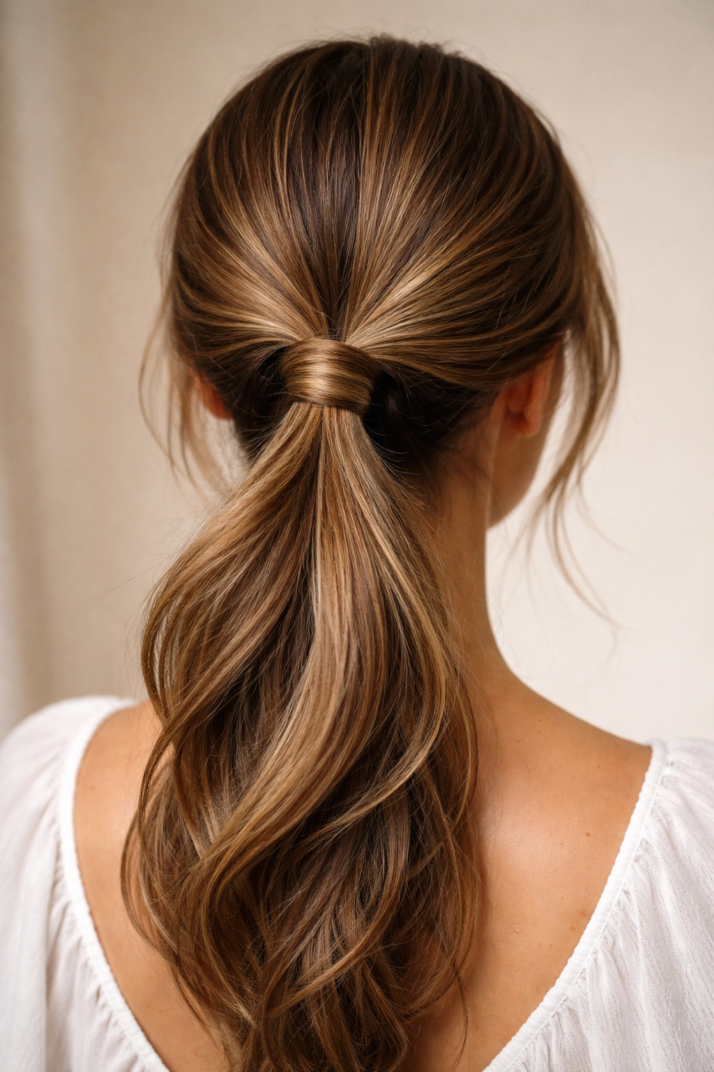 Low ponytail with a looped hair section through a loose elastic