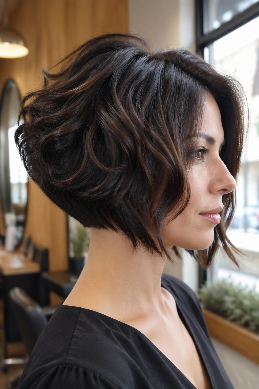 Close-up of a real woman with an inverted bob showing crown volume