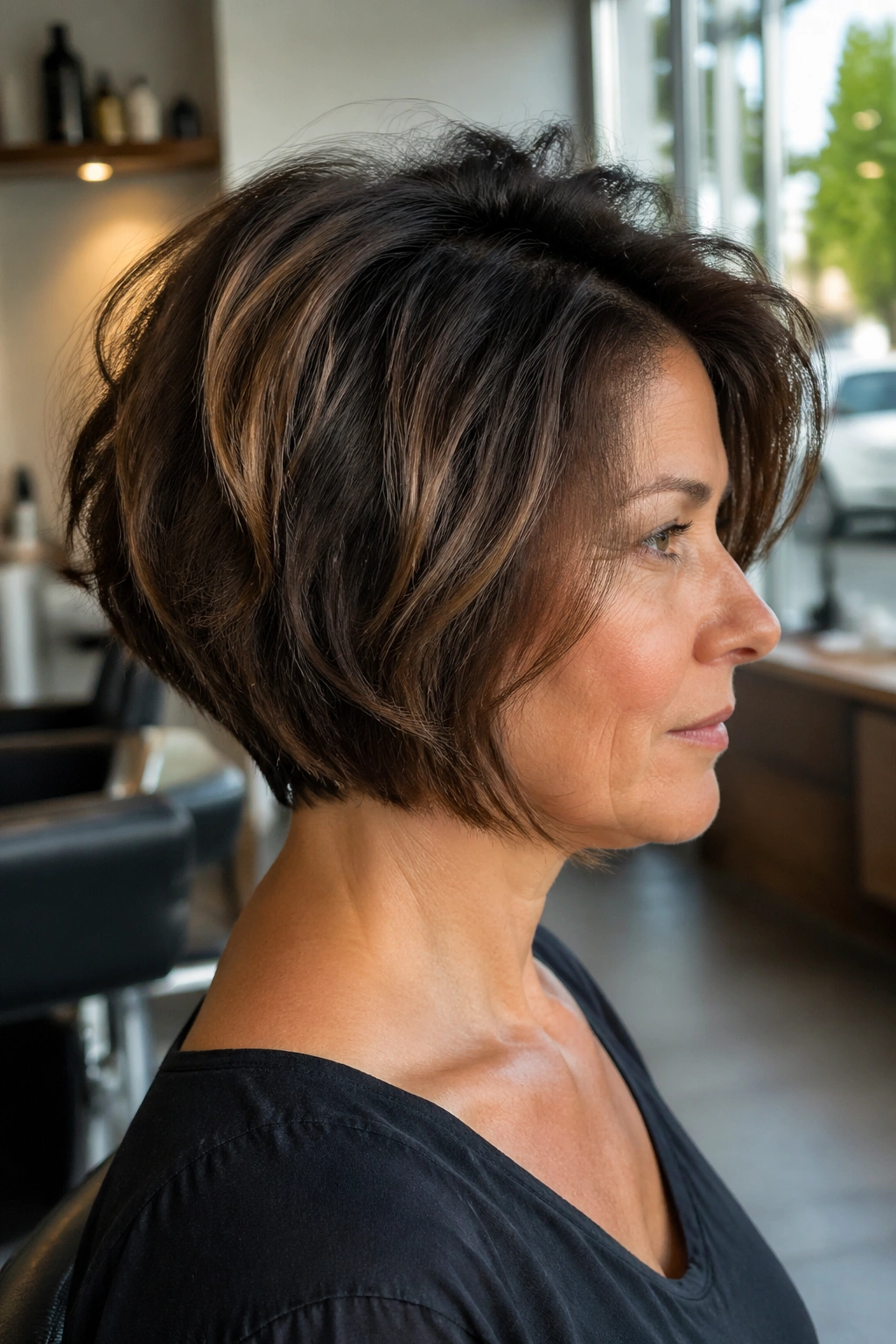 Close-up of a real woman with inverted bob and crown volume in a modern salon setting.