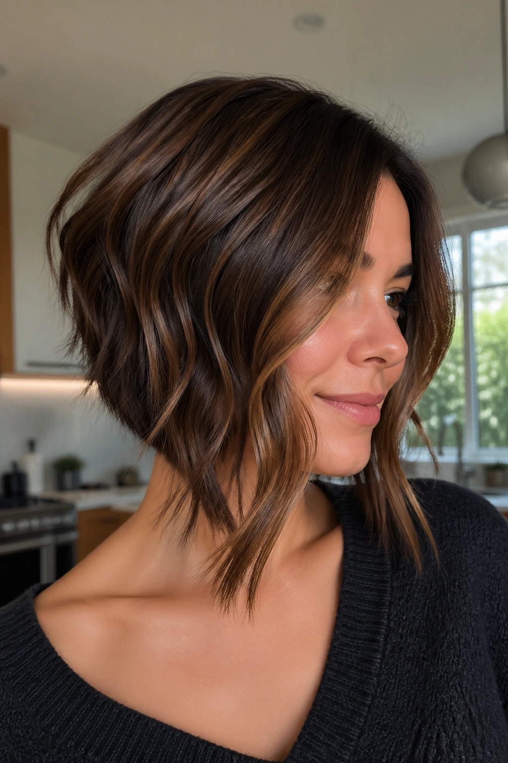 Portrait of a real woman with an inverted bob and loose bends