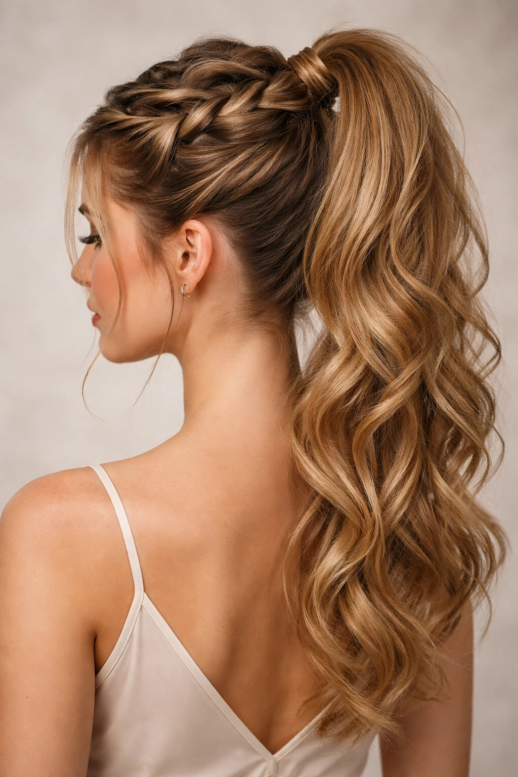 Close-up of a detailed inverted Dutch braid leading into a high ponytail.