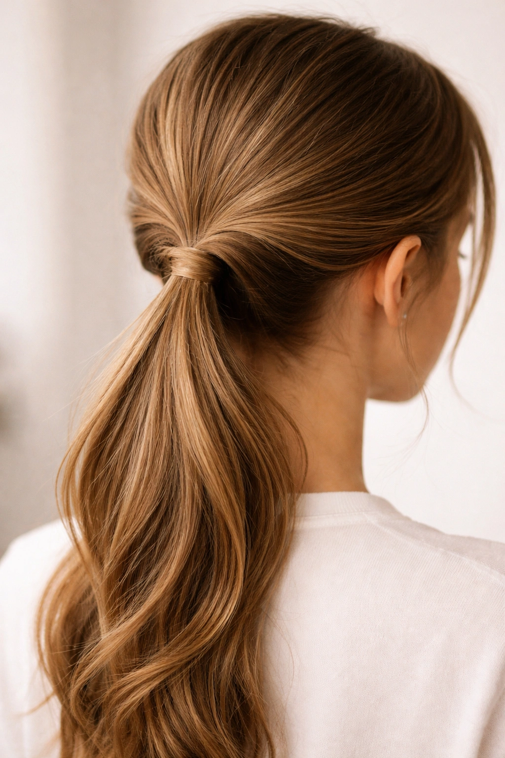 Side view of a low ponytail showing the inverted loop twist at the base