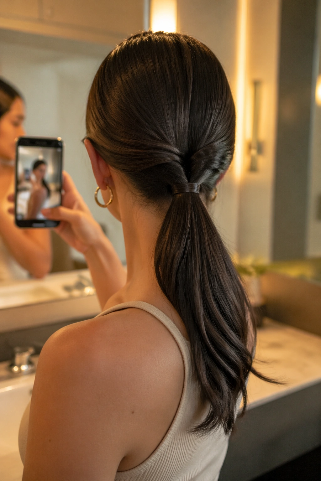 Over-the-shoulder mirror-selfie of Inverted Ponytail twist.