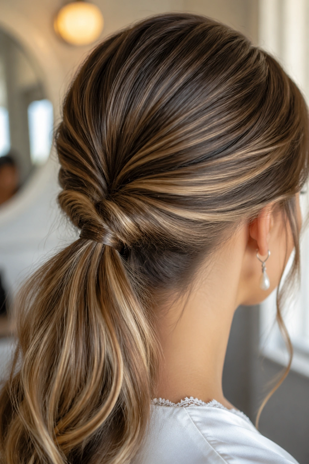 Close-up of a real woman with Inverted Ponytail Twist hairstyle