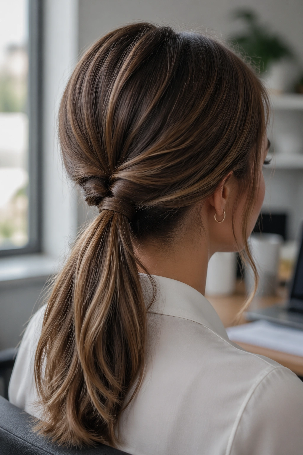 Back-of-head portrait of a woman with an inverted tuck ponytail creating a neat roll