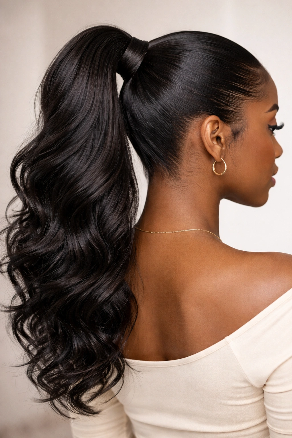 Back view of a high ponytail with hidden elastic wrap