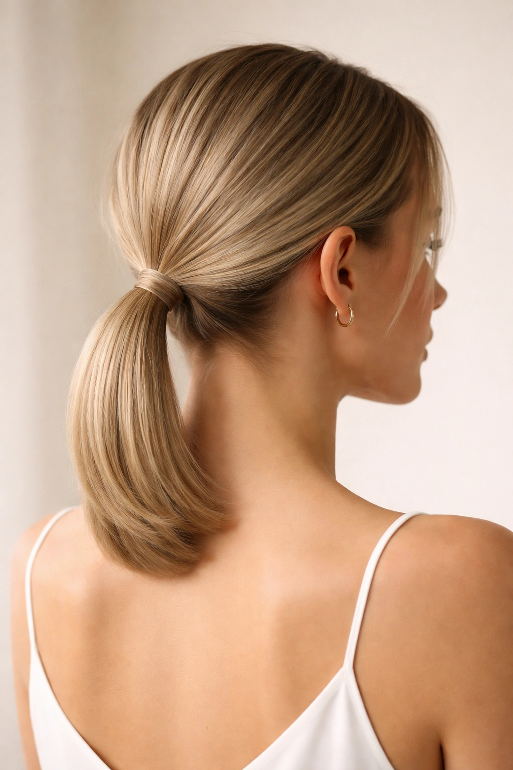 Close-up of a short hairstyle secured with an invisible elastic for a clean finish.