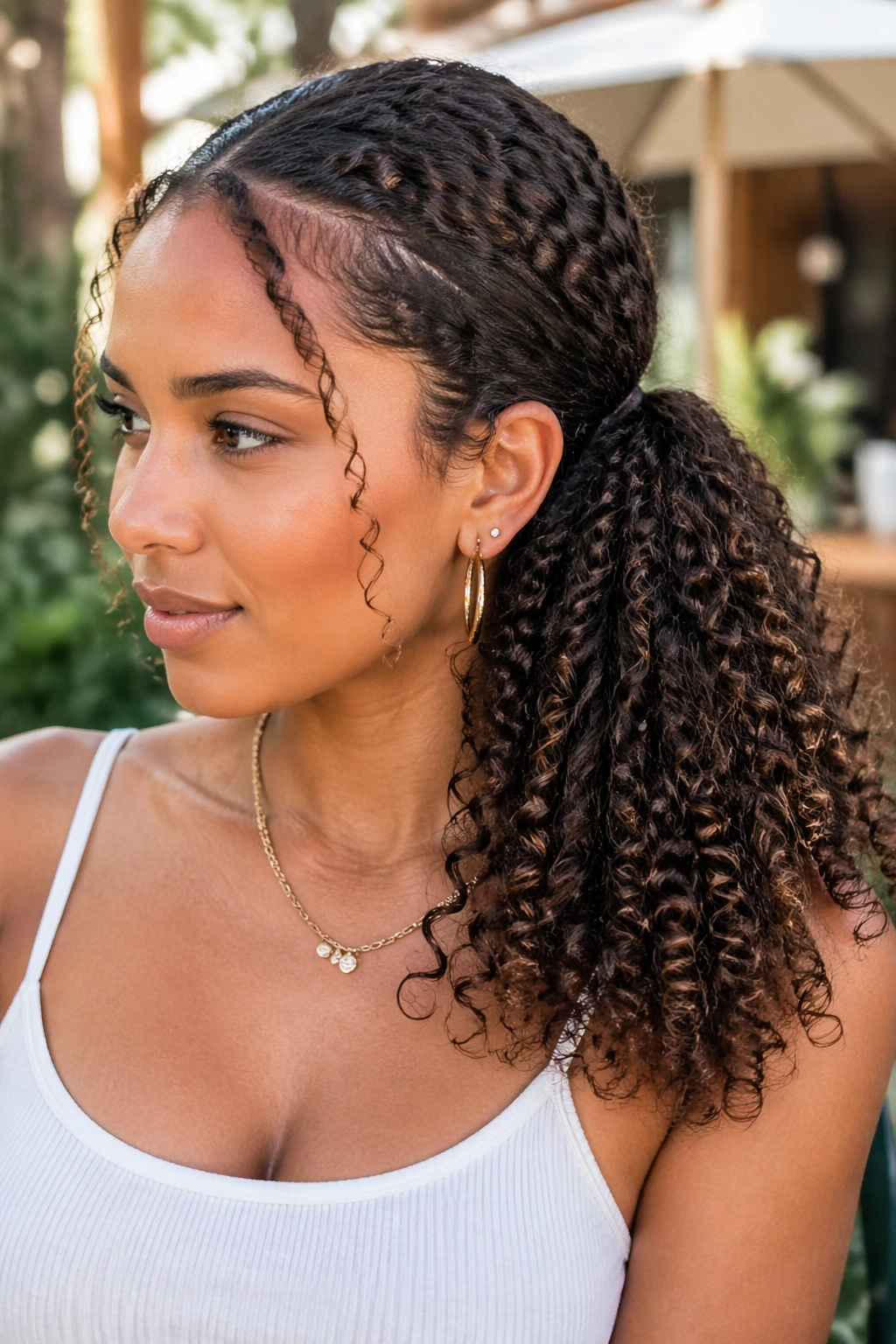 Real woman with invisible elastic side ponytail, curls