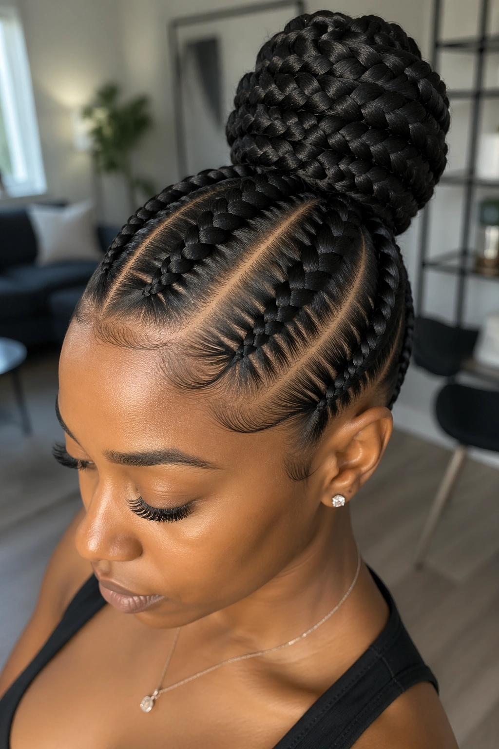 Close-up of a real woman with four cornrows and invisible extensions forming a fuller bun
