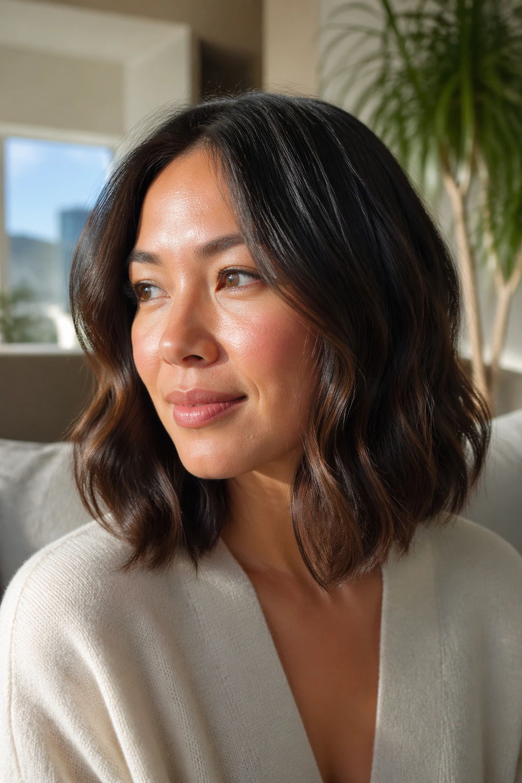 Close-up of a real woman with an invisible-layer lob, smooth edges