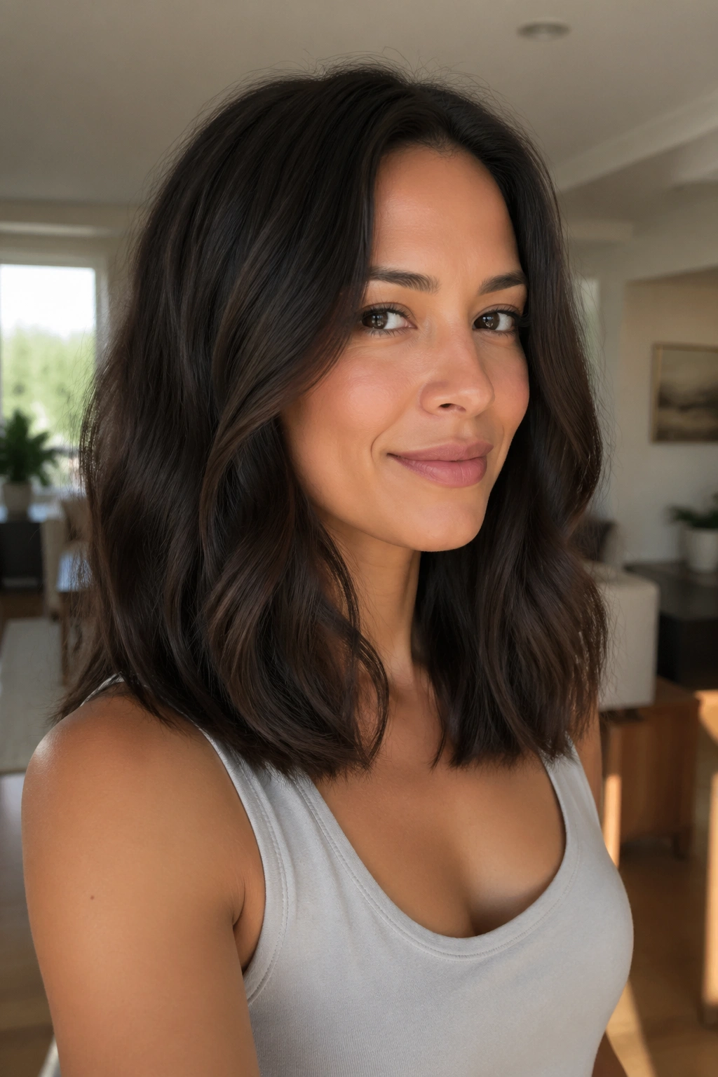 Close-up of invisible-layer lob on thick wavy hair on a real person