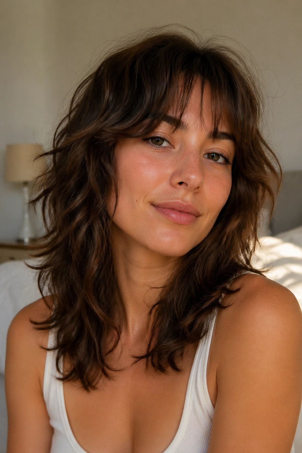 Close-up of a real woman with invisible-layer wavy shag in a cozy bedroom.