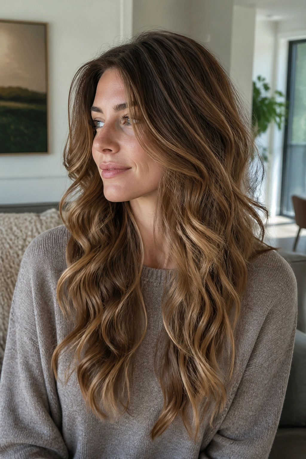 Long-haired woman with invisible mid-length layering and blunt outer edge